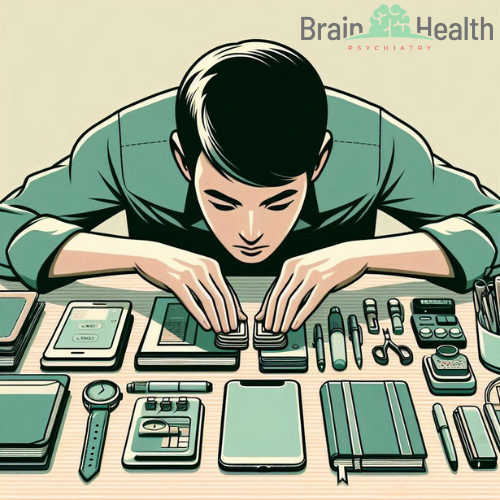 A person meticulously organizing various items on a desk. The items include notebooks, pens, a watch, a smartphone, a calculator, and other stationery, all arranged in perfect symmetry. The person is focused and carefully placing the items in an orderly fashion, representing a behavior commonly associated with Obsessive-Compulsive Disorder (OCD). The image is illustrated in a calming color palette of greens and neutrals
