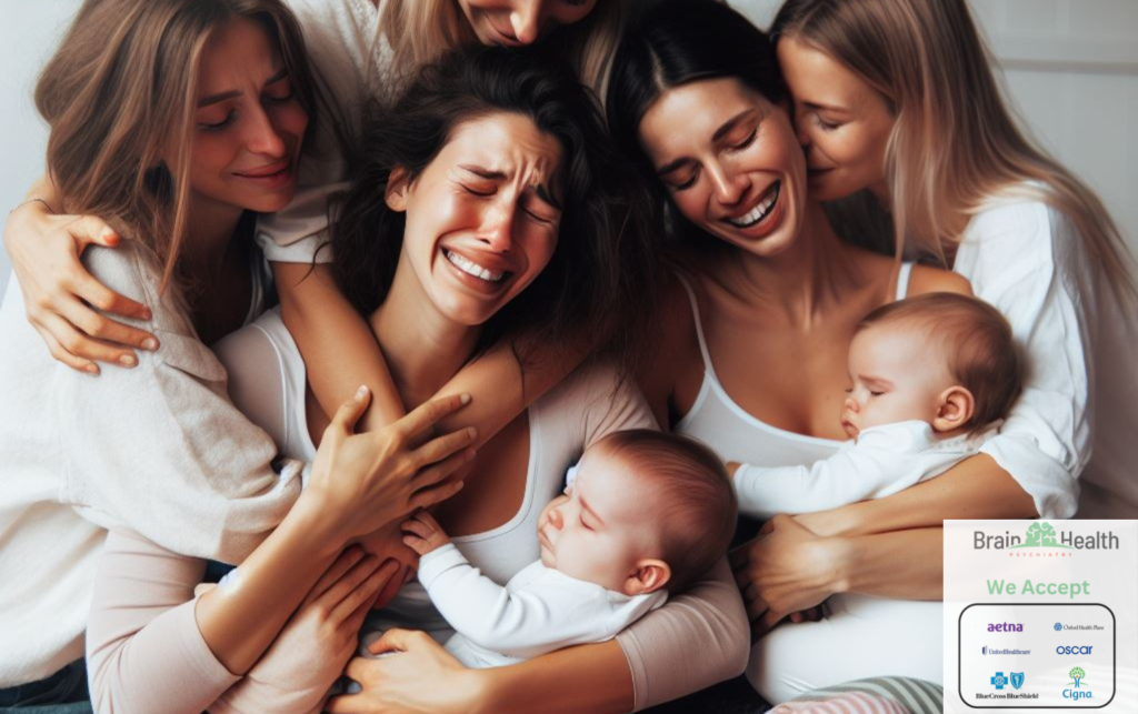 A group of mothers supporting each other. One mother is crying while being comforted by other women, each expressing empathy and understanding. Some mothers are holding their babies, symbolizing the emotional support and camaraderie among women during the peripartum period. The Brain Health Psychiatry logo and a list of accepted insurance providers are displayed in the bottom right corner, indicating that the facility offers support and care for peripartum mental health issues.