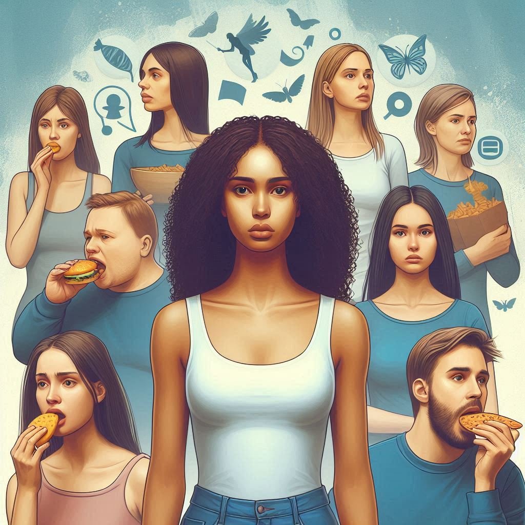 An illustration depicting a diverse group of individuals, each representing different eating disorders. Some individuals are shown eating various foods such as a burger, cookies, and fries, while others have solemn or thoughtful expressions. The background features subtle symbols like butterflies and abstract shapes, creating a supportive and compassionate environment.
