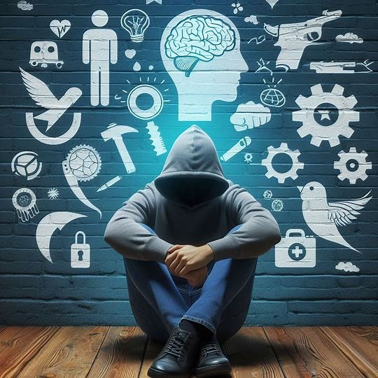 a young guy sitting down, face down struggling with mental health issues .