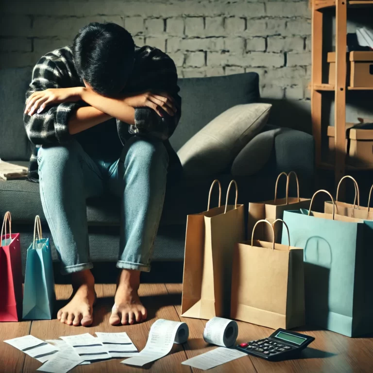 -A-person-sitting-alone-with-a-worried-expression-surrounded-by-shopping-bags-and-receipts-highlighting-the-emotional-distress-and-financial-strain