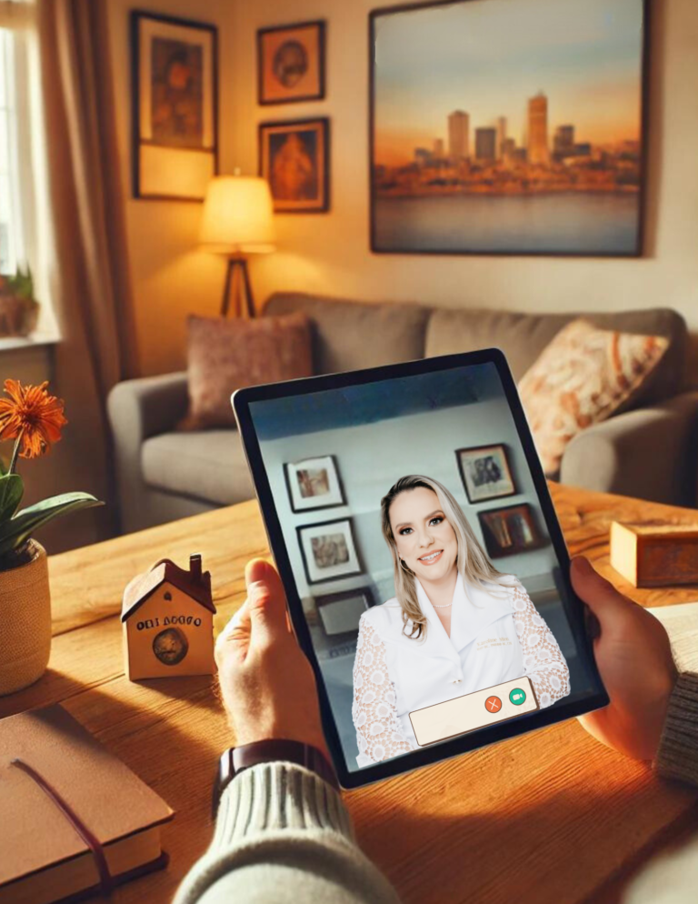 It shows a cozy home environment with a focus on a telehealth session via tablet, Karoline Mion can be seen in the iPad image having a video consultation with a patient.