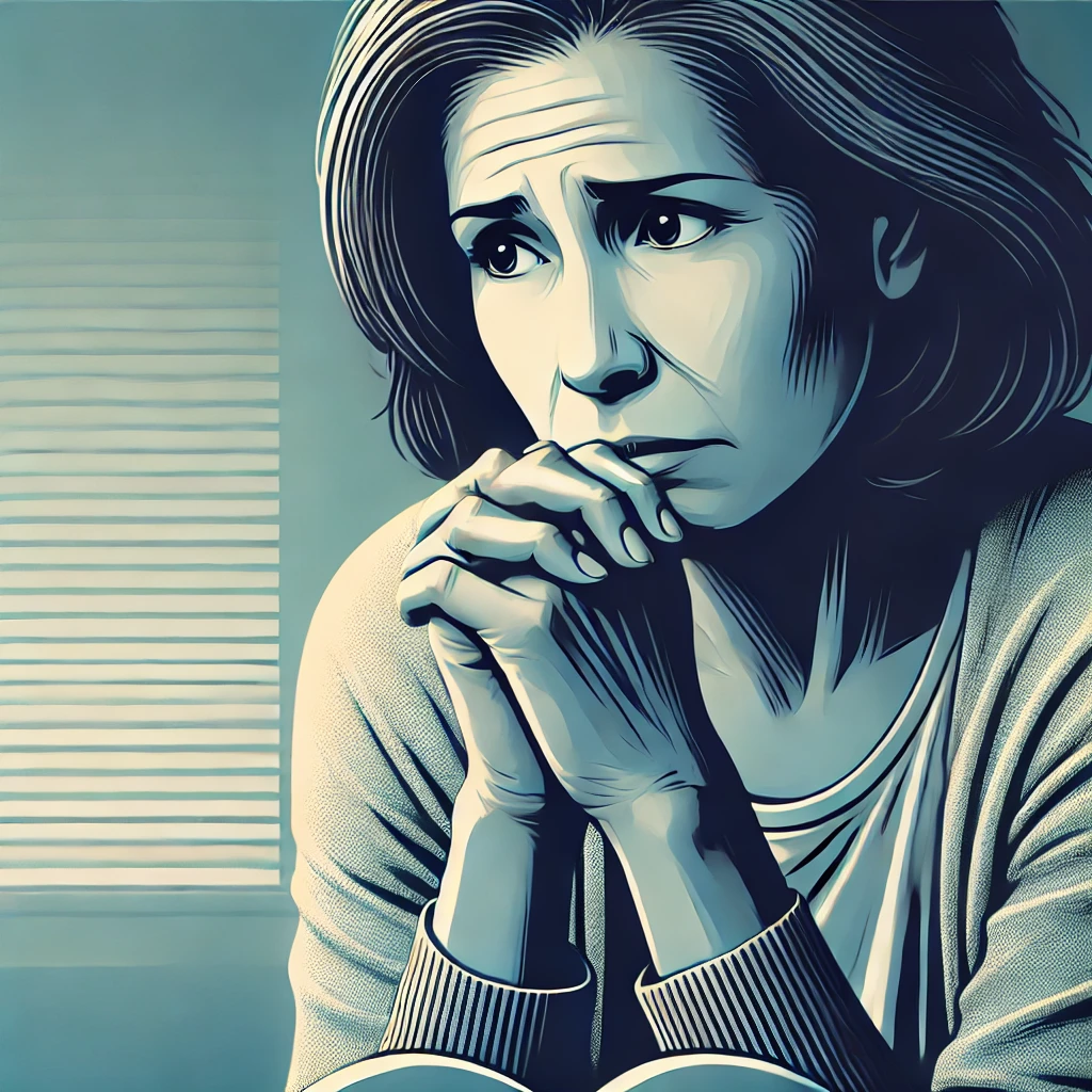 A-graphic-image-of-an-older-Latina-woman-around-60-years-old-looking-sad-or-anxious.-She-is-sitting-alone-with-her-hands-clasped-together