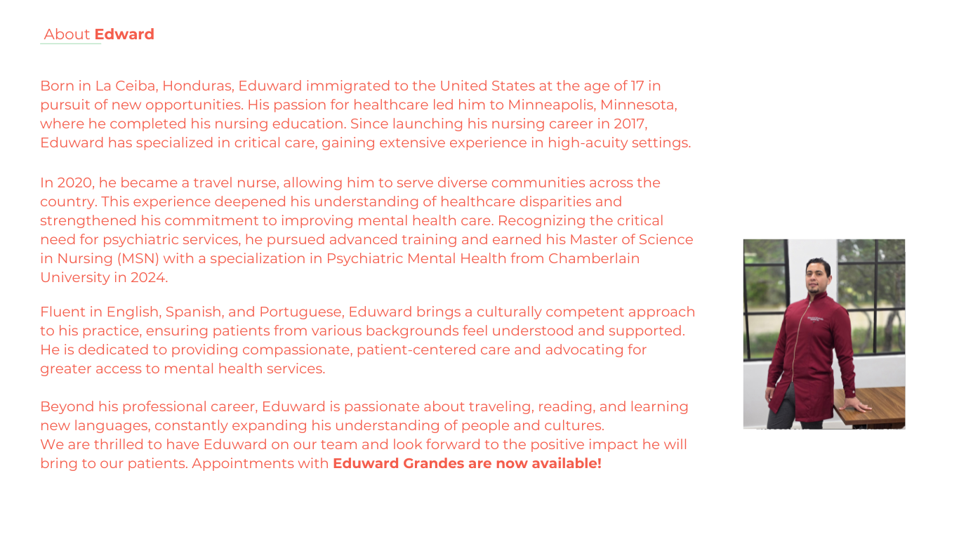 Eduward Grandes, PMHNP-BC to our team at Brain Health Psychiatry!
