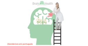Karoline Mion in front of the graphic of brain health psychiatry