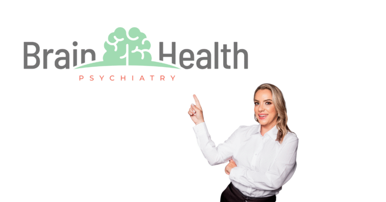 Karoline Mion pointing at the brain health psychiatry logo