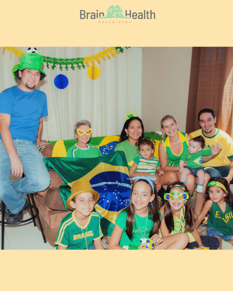 a big family wearing brazilian clothes .